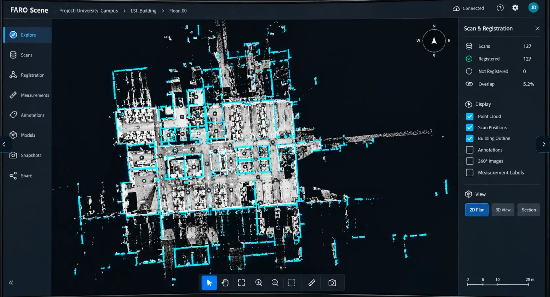 Registered building point cloud displayed in FARO Scene with scan positions and building outline visible.