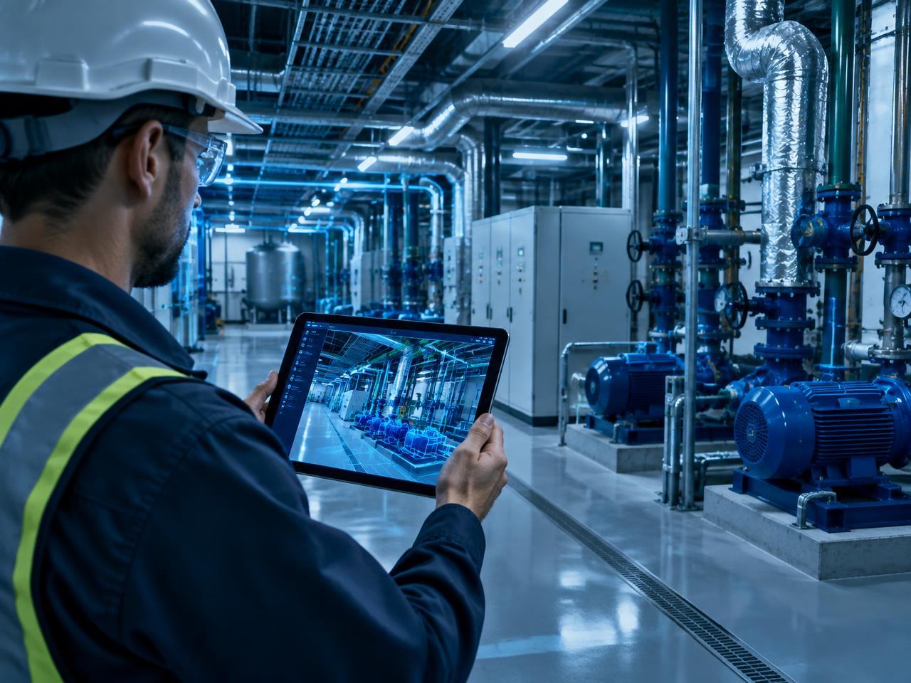 Facilities engineer reviewing a digital twin in an operational plantroom